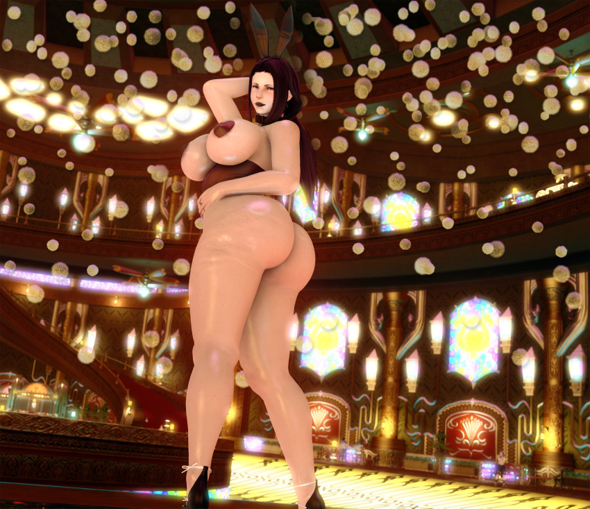 1girls 3d ass ass_focus bbw black_hair black_lipstick black_nails blush breasts bubble_butt bunny_costume bunny_girl bunnysuit casino choker corset dark_nipples fat_ass female female_only final_fantasy final_fantasy_xiv freckles freckles_on_ass gold_saucer gpose(ffxiv) heels huge_ass hyur light-skinned_female light_skin milf miss_loire nipple_pasties oiled_ass pale_skin pasties pawg smile sweat sweaty_breasts thick_ass thick_thighs thighs uniform wide_hips