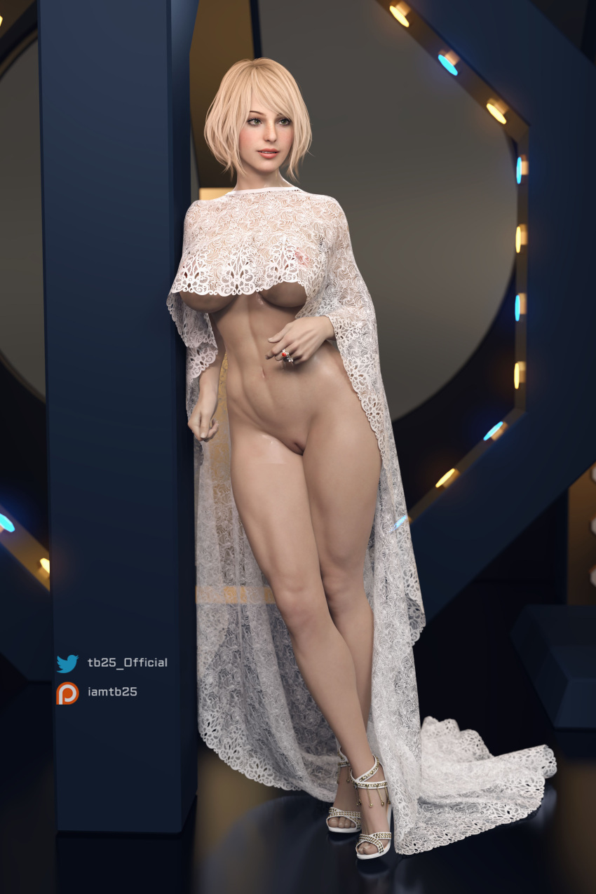 1girls 3d abs ashley_graham ashley_graham_(ella_freya) ass athletic athletic_female big_ass big_breasts blonde_hair blue_eyes breasts capcom female green_eyes high_heels light-skinned_female light_skin medium_hair patreon_username resident_evil resident_evil_4 resident_evil_4_remake robe solo tb25 thick_thighs twitter_username wide_hips