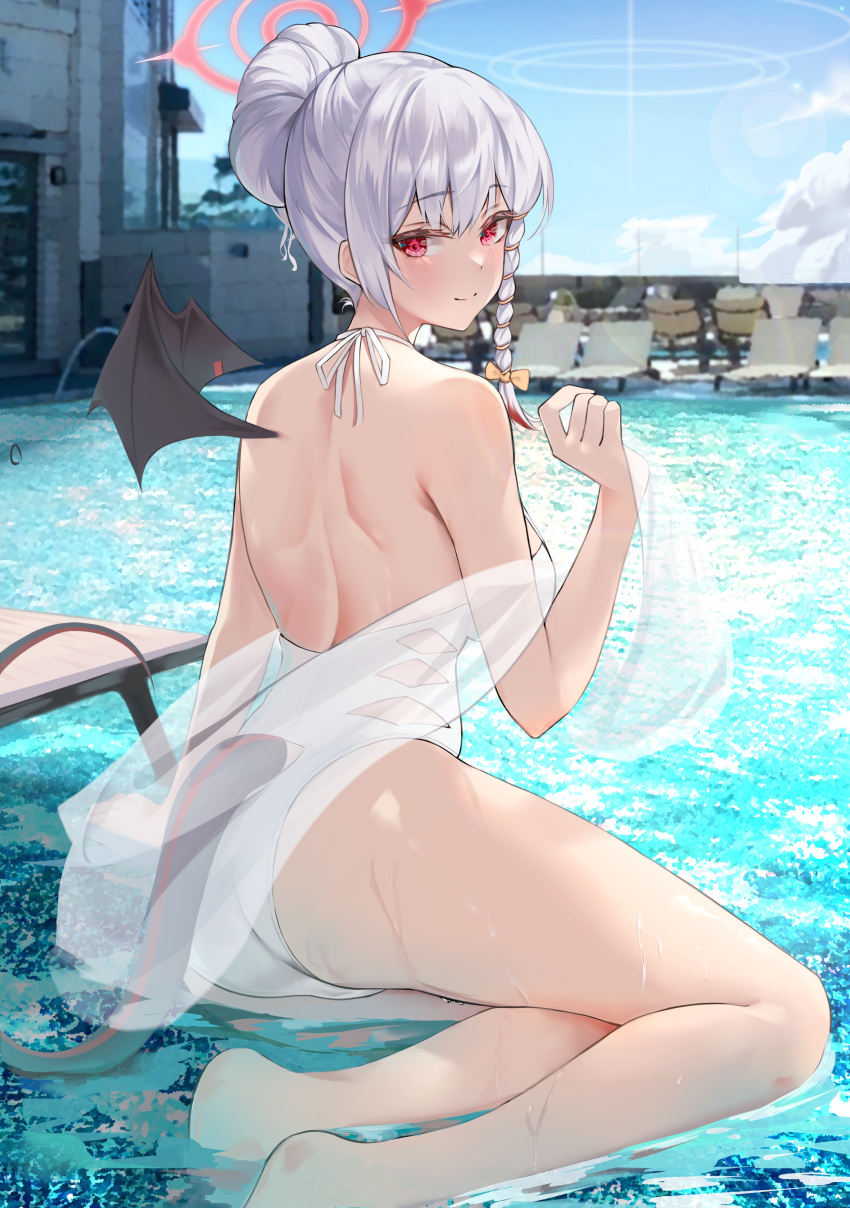 ass blue_archive closed_mouth gehenna_academy_student gourmet_research_society_(blue_archive) half-closed_eyes haruna_(blue_archive) in_water medium_breasts partially_submerged seductive seductive_look sitting smile swimming_pool swimsuit veil white_clothing white_swimsuit yokozuwari