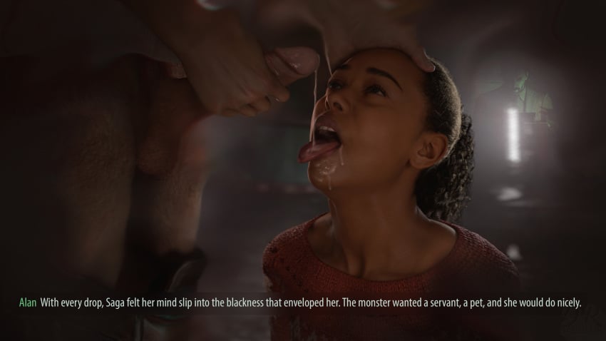 1boy 1girls 3d 3d_(artwork) alan_wake alan_wake_2 cum cum_on_face cum_on_tongue dark-skinned_female dark_skin drdabblur english_text female female_focus interracial light-skinned_male light_skin male saga_anderson tongue tongue_out