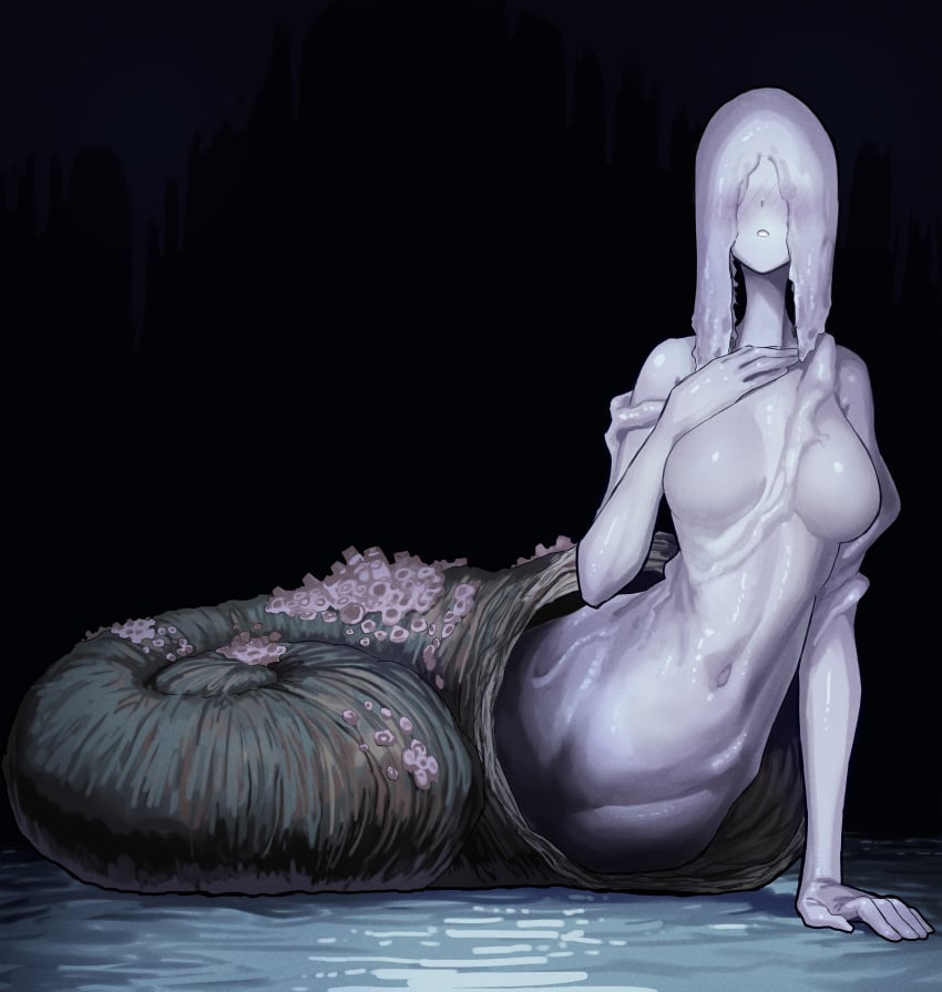 barbie_doll_anatomy black_background bloodborne blush completely_nude covered_eyes ekrea_jan eyeless female female_only fromsoftware full_body hair_over_eyes hi_res humanoid medium_breasts monster_girl navel nude shiny_skin snail_girl snail_shell snail_woman_(bloodborne) solo weird white_body white_skin