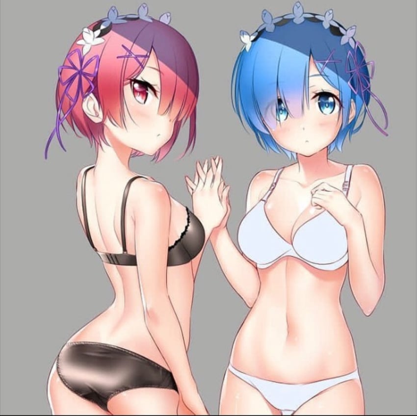 blue_eyes blue_hair crimson_eyes lingerie maid pink_hair ram_(re:zero) re:zero_kara_hajimeru_isekai_seikatsu red_eyes rem_(re:zero)