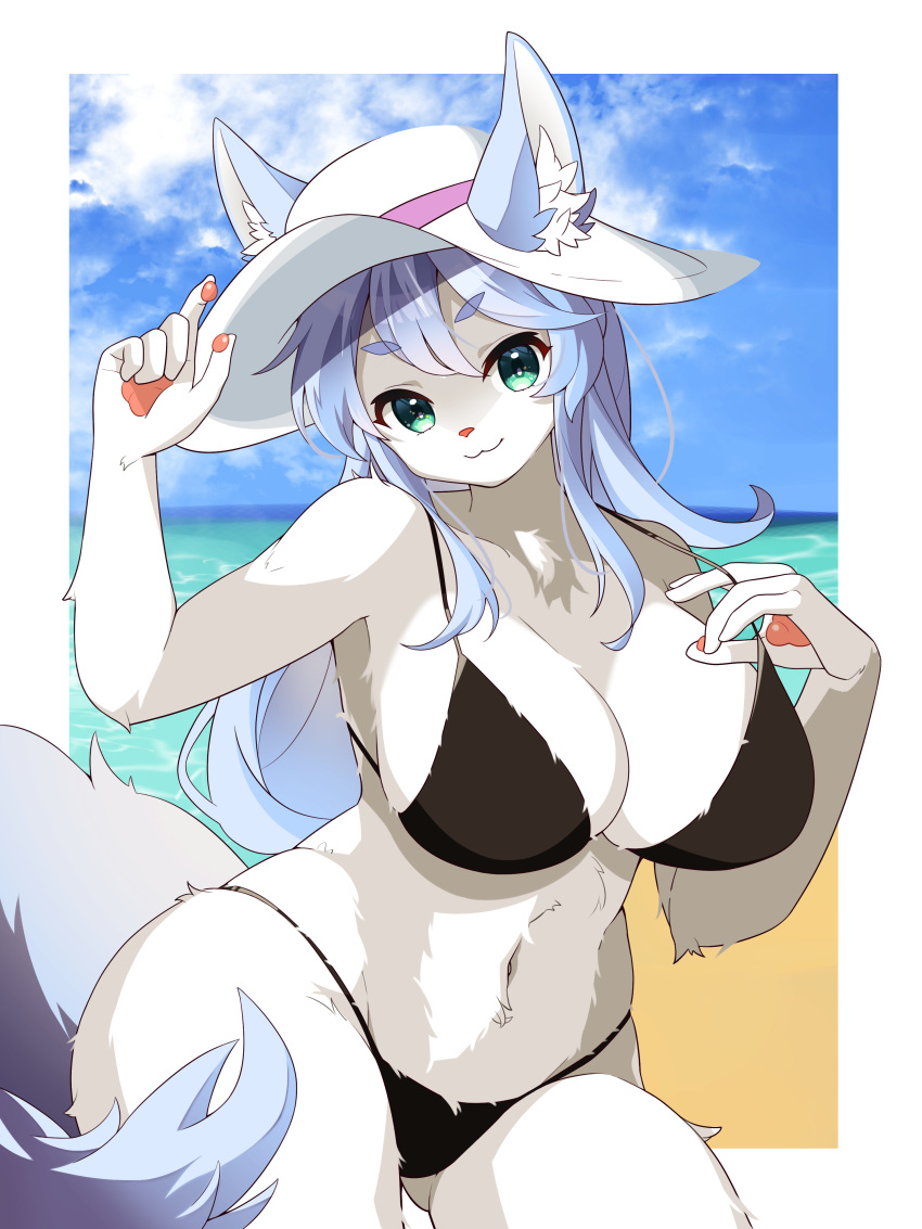 >:3 2023 3:4 5_fingers :3 absurd_res anthro beach big_breasts bikini biped black_bikini black_bottomwear black_clothing black_swimwear black_topwear blue_body blue_ears blue_fur blue_hair blue_tail blue_tail_tip border bottomwear breasts cel_shading chest_tuft cleavage clothed clothing cloud colored day detailed_background digital_media_(artwork) dipstick_tail eyelashes felid feline female female_anthro fingerpads fingers fluffy fluffy_tail front_view full_cleavage fur furgonomic_headwear furgonomics green_eyes grey_tail hair hat headgear headwear hi_res highlights_(coloring) humanoid_hands inner_ear_fluff kemono long_hair looking_at_viewer mammal markings maru_mao_(artist) midriff multicolored_body multicolored_ears multicolored_fur multicolored_hair multicolored_tail navel outside pawpads pink_nose pink_pawpads pinup portrait pose sand seaside shaded sky solo standing swimwear tail tail_markings three-quarter_portrait topwear tuft two_tone_body two_tone_ears two_tone_fur two_tone_hair two_tone_tail water white_body white_border white_fur white_hair white_highlights white_inner_ear white_inner_ear_fluff wide_hips