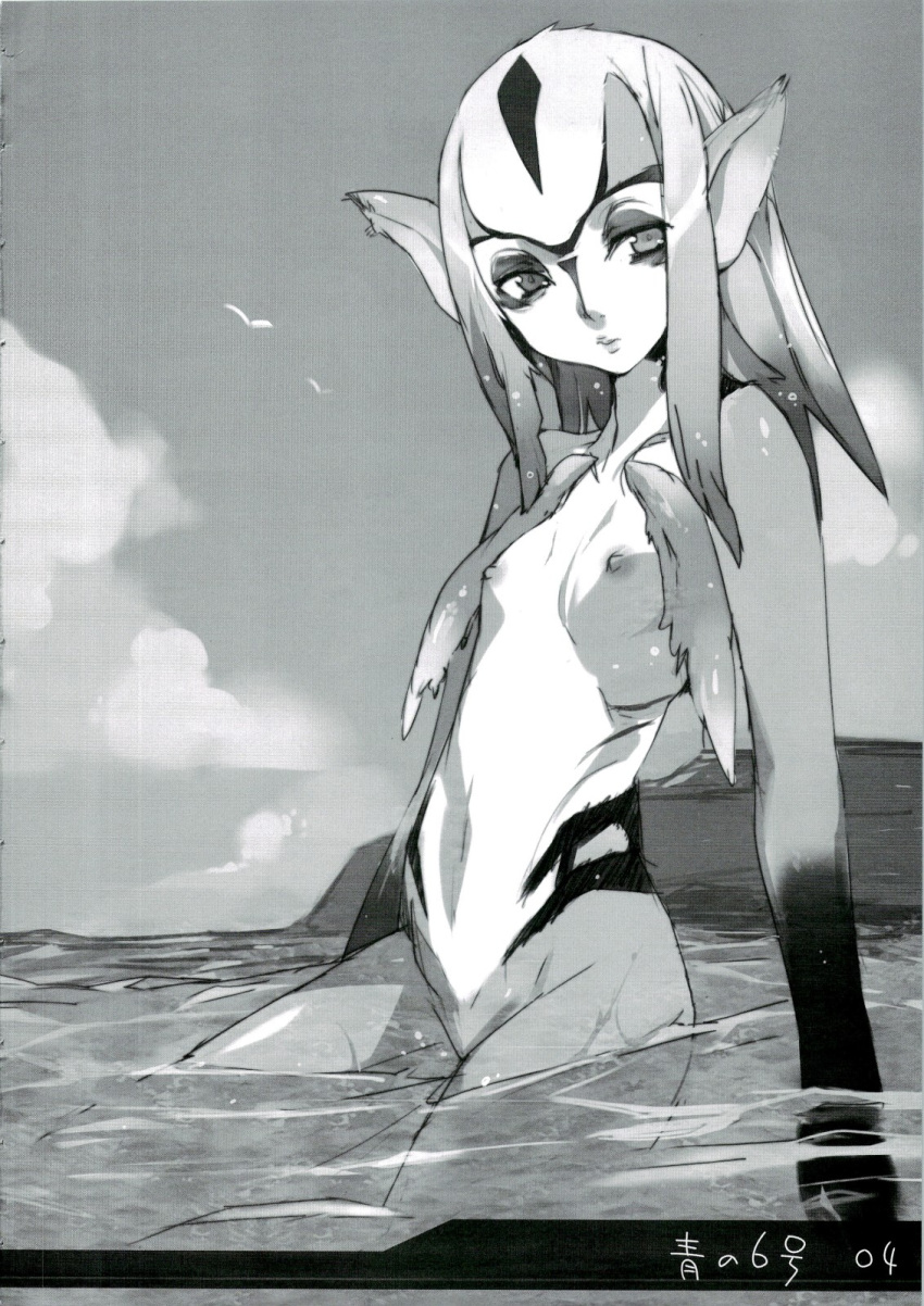 1girls ai_generated blue_submarine_no._6 breasts female fish fish_girl fish_humanoid flat_chest humanoid hybrid long_hair marine monster_girl mutio nipples nude nude_female partially_submerged pointy_ears