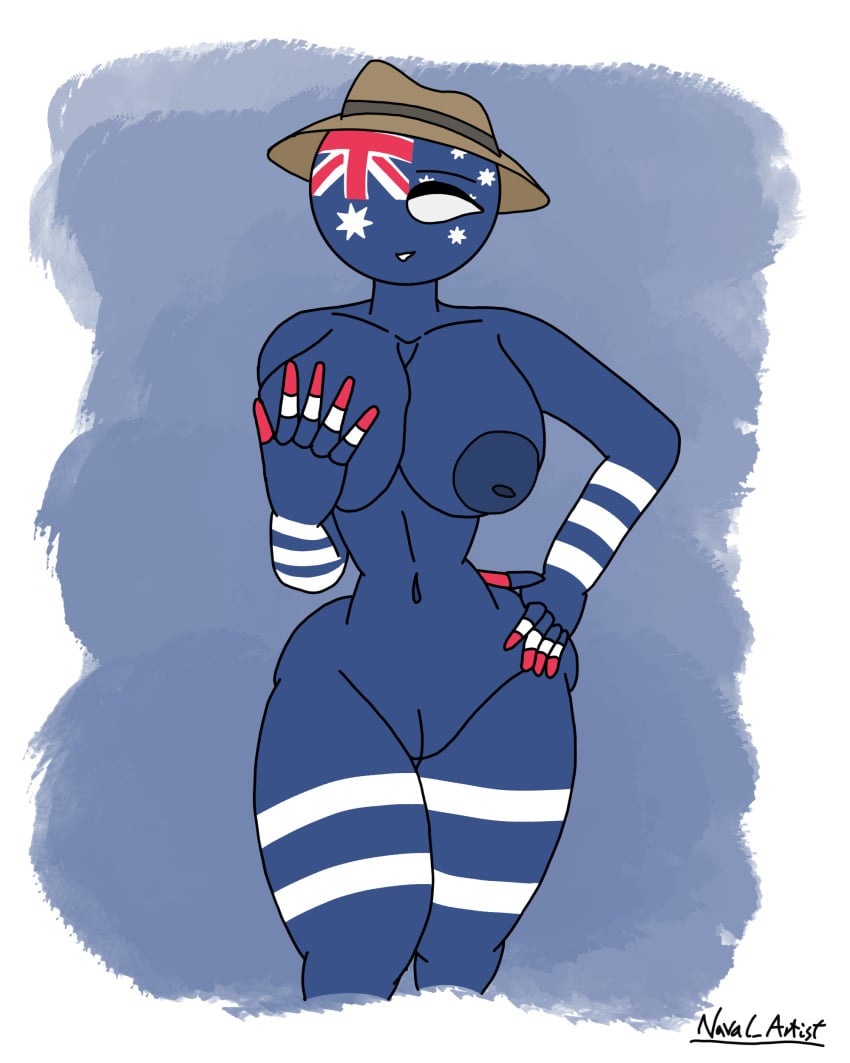 areola areolae australia_(countryhumans) big_ass big_breasts breasts countryhumans countryhumans_girl erect_nipples eyebrows female female_focus female_only genitals hat hi_res highres large_ass large_breasts naval_artist_(artist) nipples nude nude_female pussy smile solo solo_focus standing straight vagina