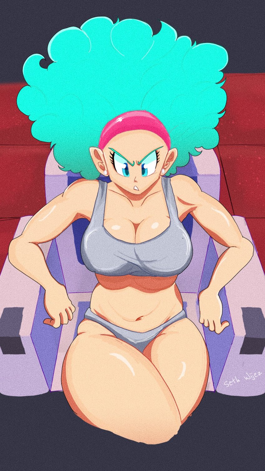 1girls afro artist_name belly big_breasts blue_eyes blue_hair breasts bulma_(afro) bulma_briefs bulma_briefs_(frieza_saga) bulma_redraw_challenge_(meme) chair child_bearing_hips cleavage collarbone crossed_legs curvy curvy_female dragon_ball dragon_ball_z ear_piercing female female_focus female_only grey_panties grey_tank_top grey_underwear hairband navel panties red_hairband redraw sayuraansfw screencap_redraw sethwijez sitting sitting_on_chair solo solo_female solo_focus thick_thighs thighs underwear wide_hips