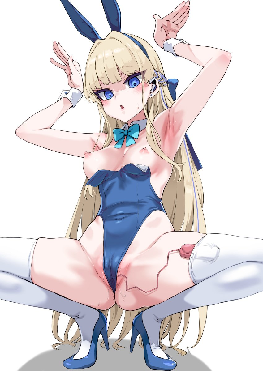 absurdres animal_ears armpits arms_up asanagi bare_shoulders blonde_hair blue_archive blue_eyes blue_leotard blush bow bowtie braid breasts cameltoe commentary_request detached_collar earpiece fake_animal_ears female halo high_heels highleg highleg_leotard highres korean_commentary leotard long_hair looking_at_viewer medium_breasts official_alternate_costume open_mouth playboy_bunny presenting_armpit rabbit_ears rabbit_pose remote_control_vibrator second-party_source sex_toy solo spread_legs squatting thighhighs toki_(blue_archive) toki_(bunny)_(blue_archive) vibrator white_thighhighs wrist_cuffs