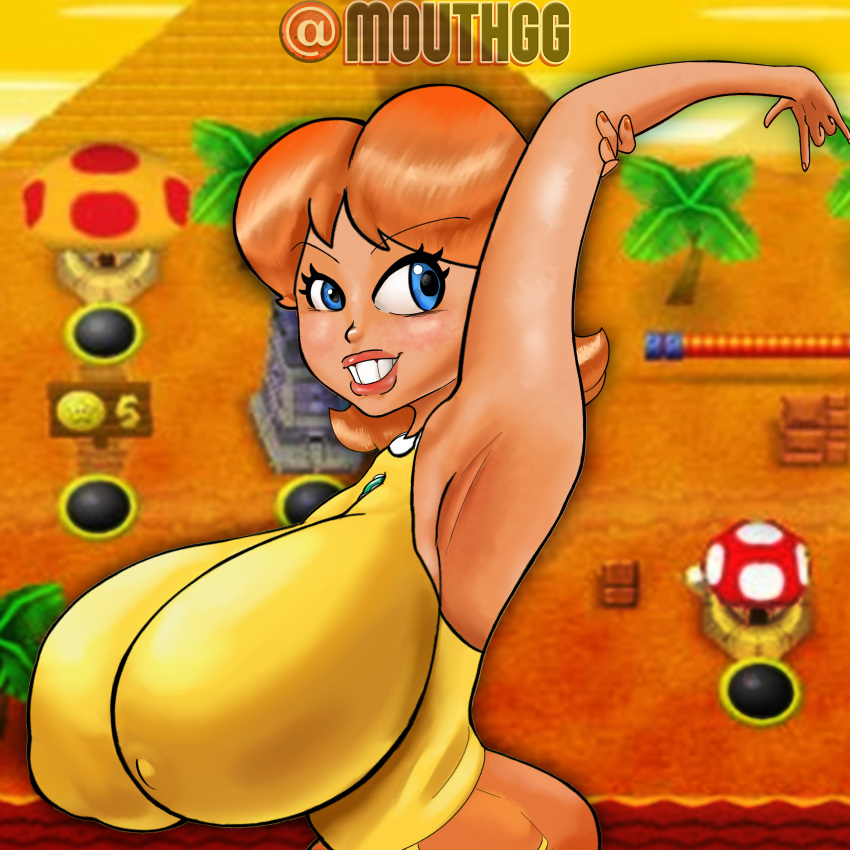 1girls armpits arms_up bad_anatomy big_breasts blue_eyes desert female female_only gigantic_breasts highres huge_breasts looking_at_viewer mario_(series) mario_tennis mouthgg orange_clothing orange_hair princess princess_daisy red_hair smile smiling smiling_at_viewer sportswear