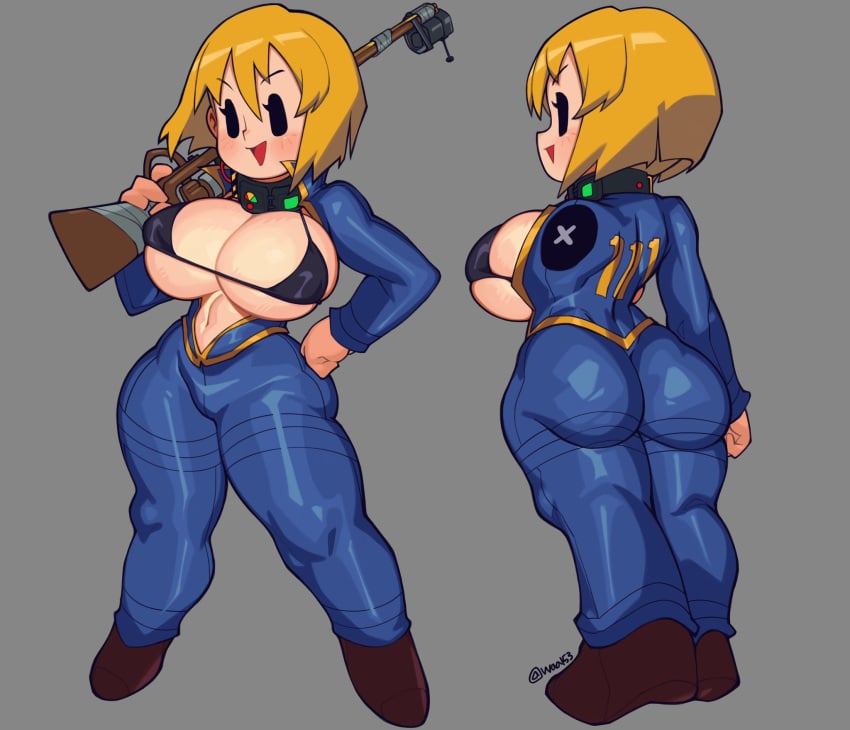 1girls blonde_hair breasts_out collar fallout female female_only gun light-skinned_female light_skin micro_bikini mob_face open_clothes simple_background solo tagme underboob unzipped_bodysuit vault_girl vault_meat vault_suit waa153 weapon