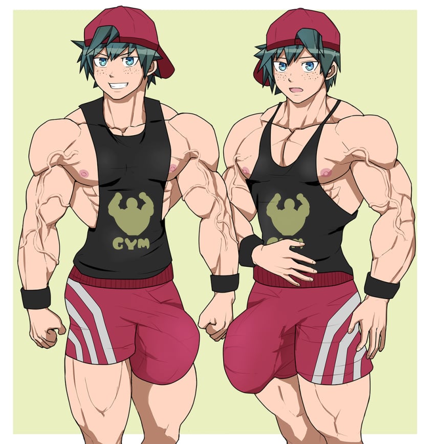 2boys abs bara big_penis blue_eyes brothers bulge cap freckles green_hair grin huge_cock hyper hyper_penis looking_at_viewer lostanemone male male_only mlm4anemone multiple_boys muscle muscular nipples open_mouth pecs shirt shorts tank_top teeth twins