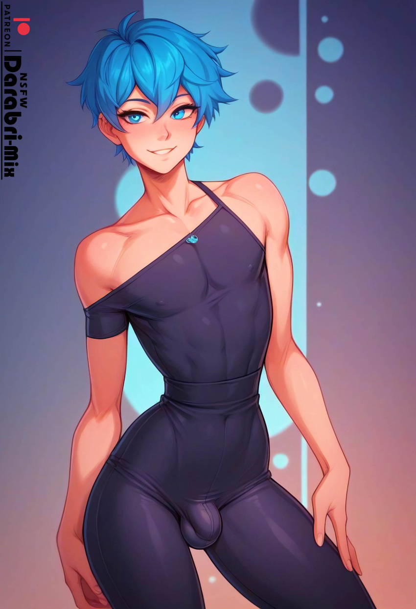 1boy abstract_background ai_generated bare_shoulders blue_eyes blue_hair bulge cute darabri-mix femboy feminine_male flat_chest girly male male_only otoko_no_ko penis_bulge pov pov_eye_contact short_hair solo tight_dress trap