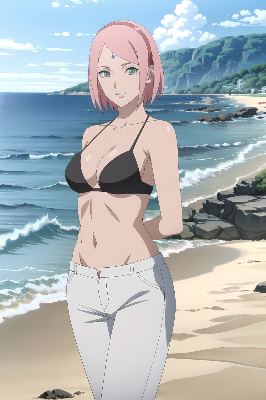 1girls ai_generated alternate_breast_size arms_behind_back beach big_breasts black_bra blush boruto:_naruto_next_generations bra breasts busty cleavage cowboy_shot curvaceous facial_mark forehead_mark green_eyes hair_ornament hairband hourglass_figure huge_breasts long_hair looking_at_viewer mature mature_female milf nai_diffusion naruto naruto_(series) oppai outdoors pants pink_hair pinup ragnarock_ai sakura_haruno seaside solo solo_focus stable_diffusion topless upper_body voluptuous white_pants