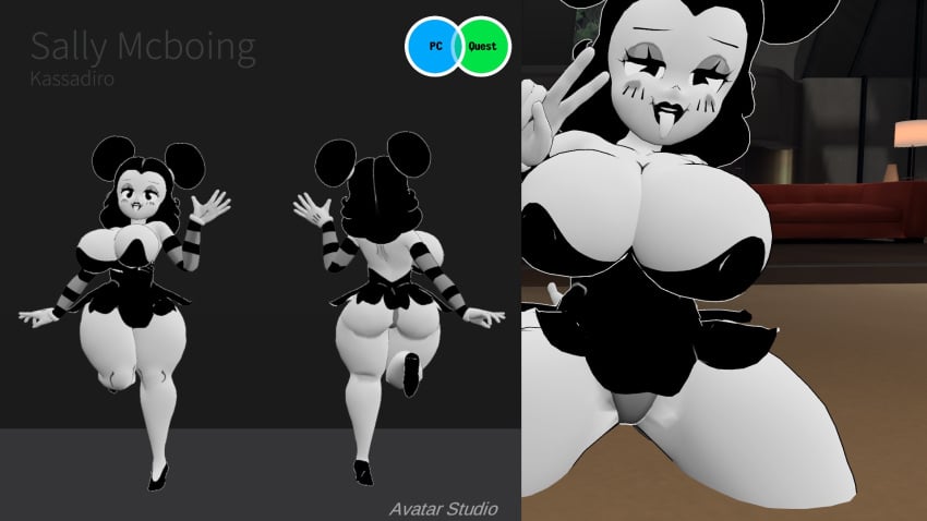 3d 3d_(artwork) 3d_model black_and_white cartoony color huge_ass huge_breasts huge_butt huge_nipples huge_thighs rubberhose sally_mcboing tongue_out toon toony vrchat