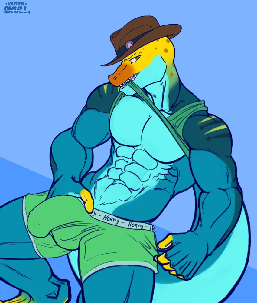 2022 5_fingers abs abstract_background anthro big_bulge big_muscles biting_shirt blue_background blue_body blue_scales boxer_briefs bulge clothed clothing clothing_lift collared_lizard common_collared_lizard cowboy_hat detailed_bulge digital_drawing_(artwork) digital_media_(artwork) english_text fingers genital_outline green_clothing green_eyes green_underwear hand_on_bulge hat haydenskull headgear headwear hi_res holding_bulge lizard looking_at_viewer male markings monroe_lehner muscular muscular_anthro muscular_male orange_body orange_scales pecs penis_outline pink_tongue raised_clothing raised_shirt raised_tank_top raised_topwear reptile scales scalie shirt shirt_in_mouth shirt_lift signature simple_background sitting solo spots spotted_body spotted_scales striped_body striped_scales stripes tail tank_top teeth text thick_tail tongue topwear underwear yellow_body yellow_scales