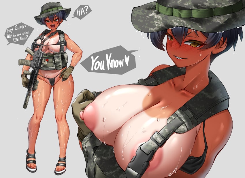 bikini bikini_bottom bikini_top blush blushing breasts camo camo_print dialogue female gun hat hitch_(hitch_driessen/perotoss400/kirochef) military military_hat nipples rokmc_chan sandals tan tan_body tan_skin tanline thighs tomboy weapon wet wet_body wet_skin