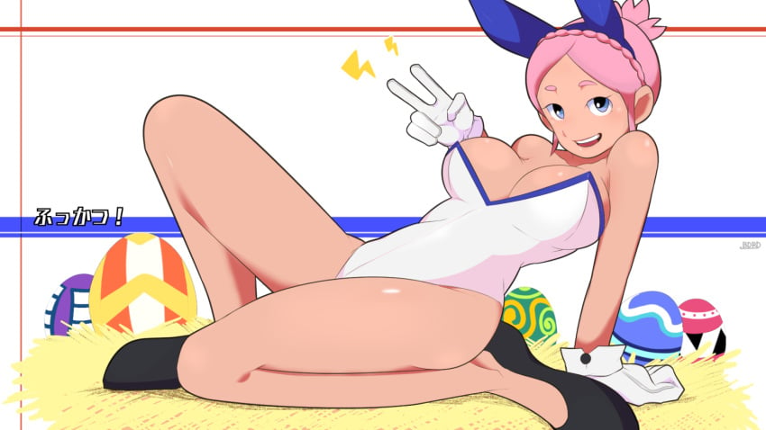 1girls bare_shoulders bdrd blue_eyes braid bunny_ears bunnysuit cerise_blossom easter easter_egg egg female gloves hair_bun inazuma_eleven inazuma_eleven_go inazuma_eleven_go_galaxy japanese_text kneeling_on_one_leg lightning nozaki_sakura peace_sign pink_hair shoes short_hair solo solo_female