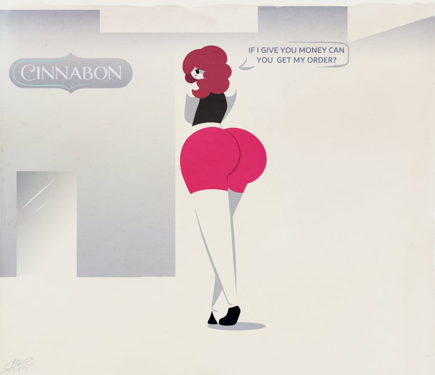 1girls absurd_res artist_signature big_ass big_butt booty_shorts claudia_(sparks_spectrum) dialogue english_text hi_res lineless long_legs looking_back minimalist mob_face original rear_view red_hair simple_background sparks_spectrum