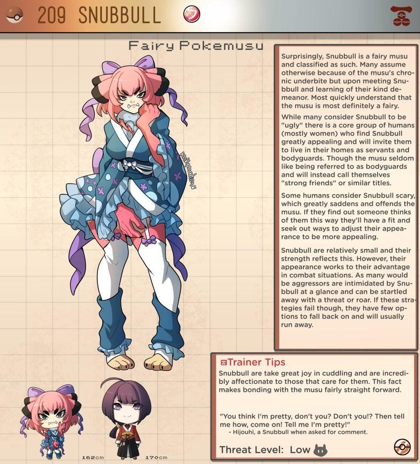 1boy 1girls creature_index english_text generation_2_pokemon highres kinkymation monster_girl nintendo pokemon pokemon_(species) pokemon_humanoid pokemorph pokemusu profile snubbull text_box