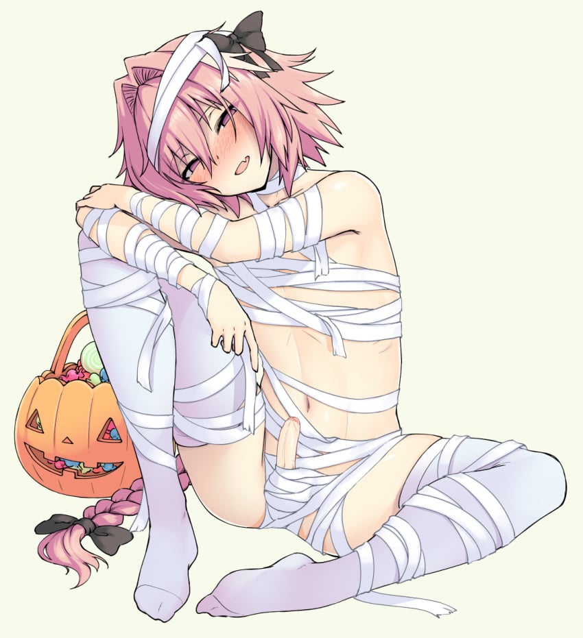 1boy :d astolfo_(fate) bag bandage bare_shoulders black_bow blank_eyes blush bow braid bulge candy fate_(series) food full_body hair_intakes hairbow half-closed_eyes head_tilt highres knee_up long_hair looking_at_viewer male male_only naked_bandage navel no_shoes nose_blush open_mouth pas_(paxiti) penis pink_eyes pink_hair simple_background single_braid sitting smile solo spread_legs thighhighs uncensored very_long_hair white_legwear yellow_background