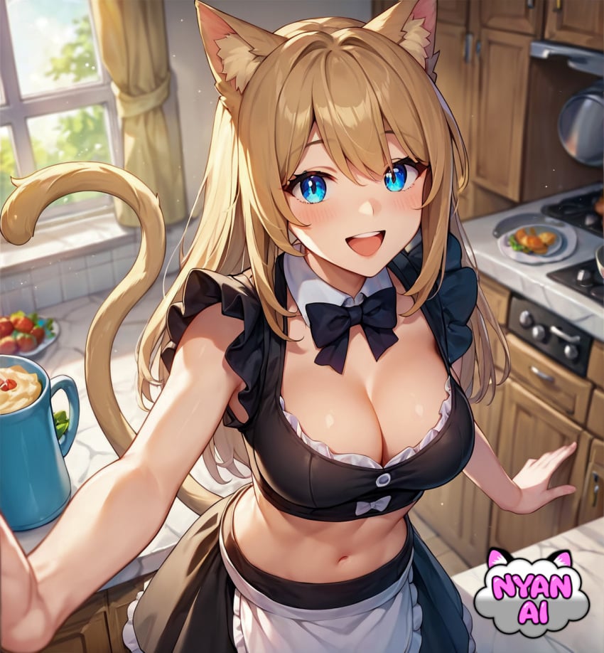 1girls 2d ai_assisted ai_generated ai_girl athletic big_breasts blue_eyes bow_tie bowtie breasts cat_ears cat_girl cat_tail catgirl cleavage cosplay curvy_female excited female female_focus fit_female front_view girl huge_breasts humanoid kitchen kitchen_appliance kitchen_cabinet kitchen_counter light_brown_hair light_skin looking_at_viewer maid maid_apron maid_outfit maid_uniform mature_female mature_woman midriff midriff_baring_shirt neko nekomimi nyan_ai nyanai outfit pale_skin pose sfw shiny_skin smile solo standing thick_thighs