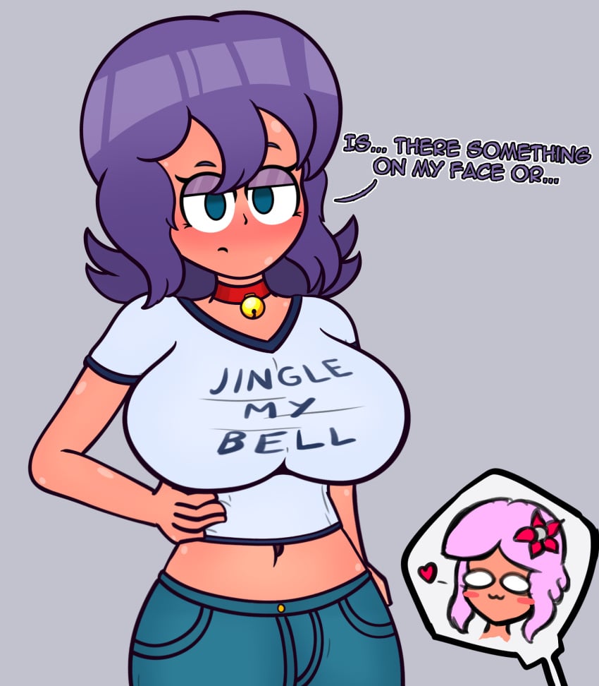 1futa 1girls :3 absurd_res bell bell_collar big_breasts blush choker collar crop_top emily_(spunow) english_text eyeshadow flower flower_in_hair futanari hand_on_hip heart jeans kate_(spunow) looking_at_another looking_at_viewer pink_hair purple_hair question shirt snap_my_choker spunow_ tagme text