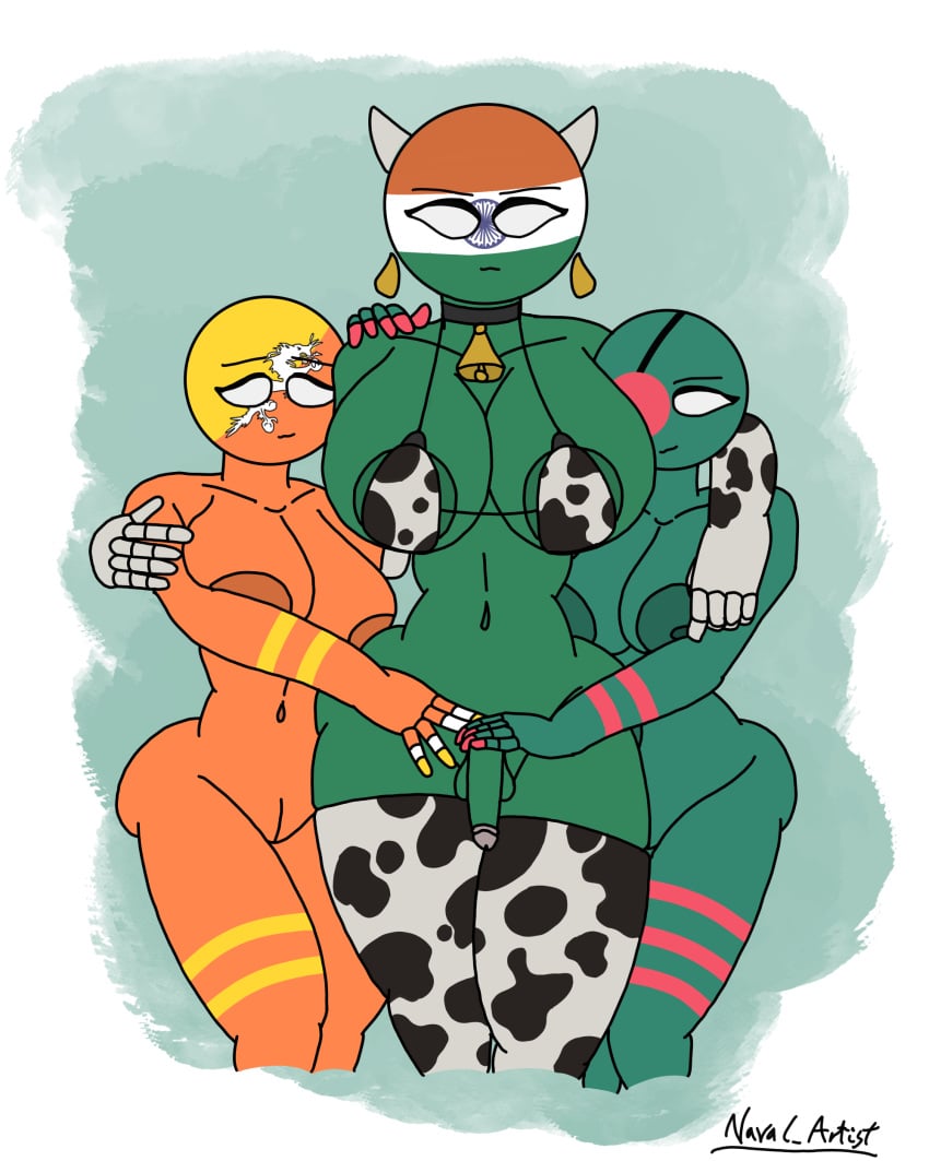 1futa 2girls areola areolae ass balls bangladesh_(countryhumans) bhutan_(countryhumans) big_ass big_penis breasts cleavage clothing countryhumans countryhumans_girl cow_girl cow_horns cow_print cowbell earrings erect_nipples erection eye_patch eyebrows female futa_on_female futanari genitals hi_res highres horn huge_ass huge_breasts humanoid humanoid_penis india_(countryhumans) large_ass large_breasts naval_artist_(artist) nipples nude nude_female panties penis pussy standing thighs vagina