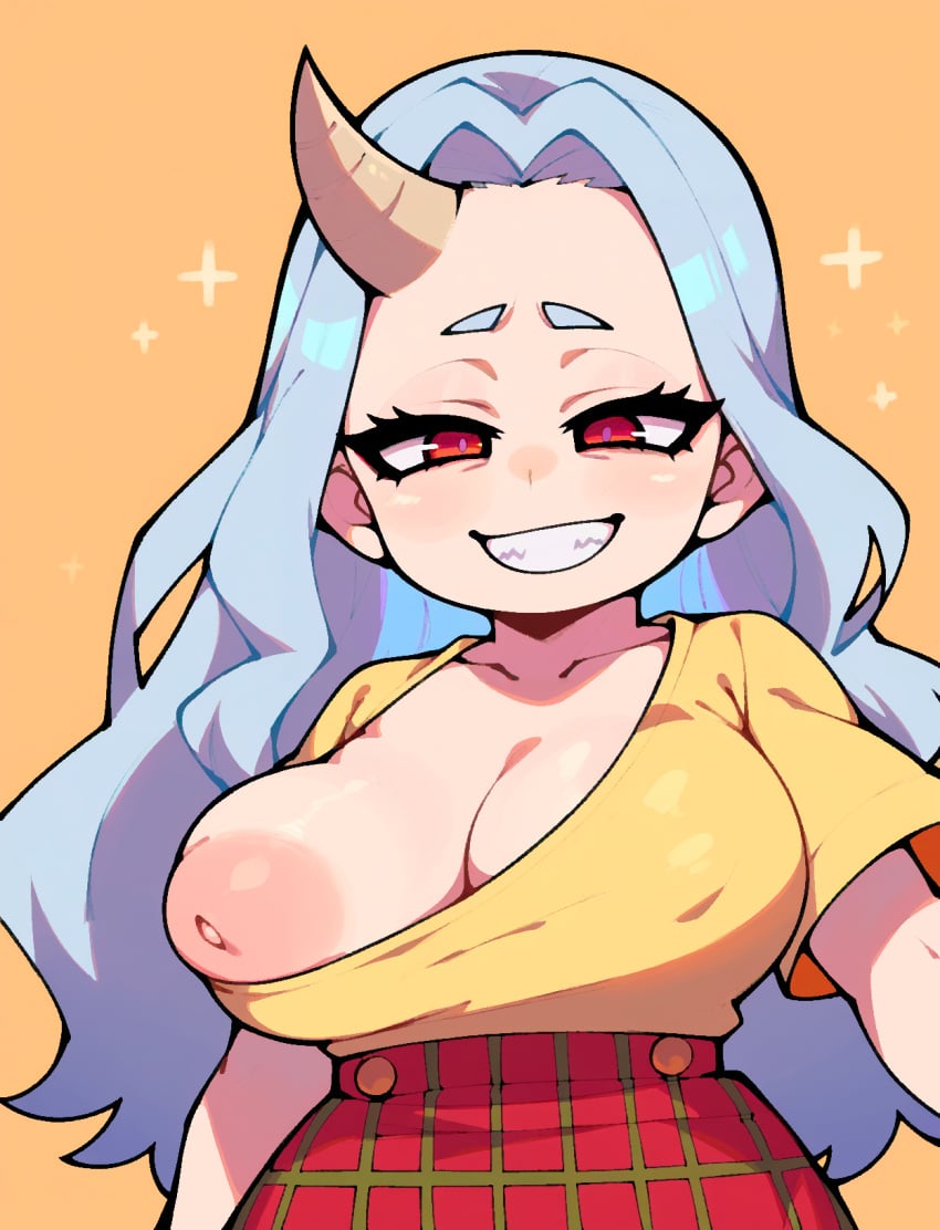 1girls aged_up ai_generated eri_(my_hero_academia) grey_hair large_aereola large_breasts losforry_custom my_hero_academia nipple_slip puffy_nipples red_eyes red_skirt shortstack single_horn skirt smug solo teeth yellow_shirt