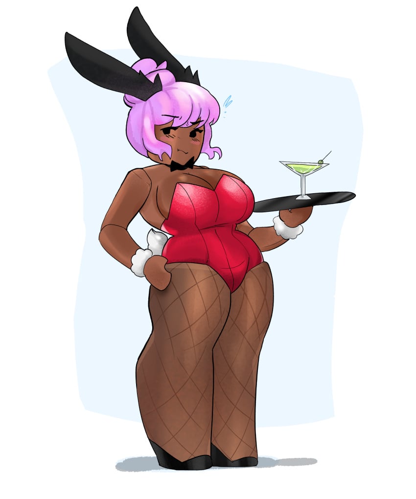 1girls annoyed annoyed_expression blocky_body bowtie brown_body bunny_ears bunnysuit cute kyhtara martini pink_hair roblox robloxian self_upload tagme waitress wrist_cuffs