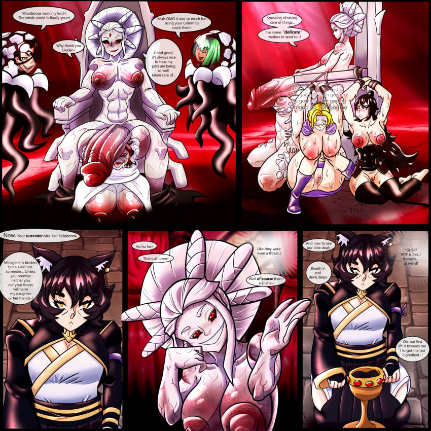 cock_worship comic dinotits english_text full-package_futanari futa_on_female futadom futanari glynda_goodwitch grimm_(rwby) kali_belladonna penis_on_head raven_branwen rwby self_upload summer_rose tagme throne throne_room