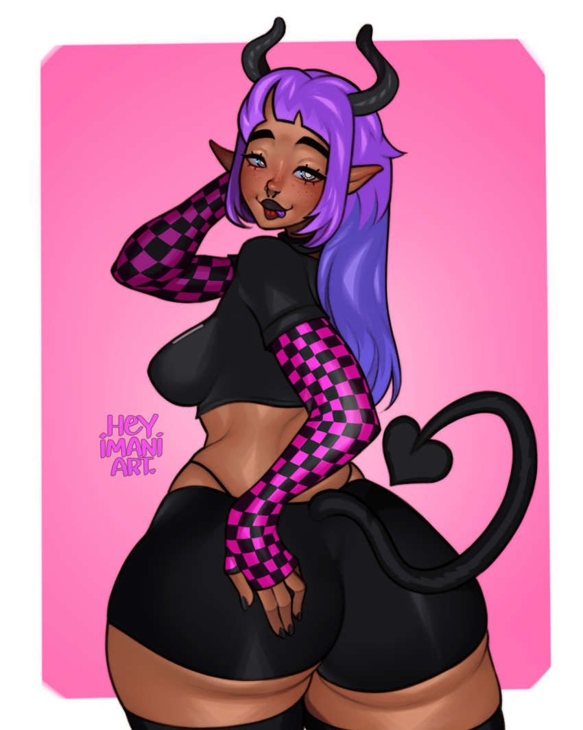 1girls absurd_res alien alternate_version_available ambiguous_species ass big_ass bike_shorts black_nails bubble_butt chubby commission commissioner_upload crop_top curvy curvy_female dark-skinned_female demon_girl demon_tail elf_ears female freckles half_body heyimaniart hi_res horns large_ass long_hair long_sleeves looking_at_viewer medium_breasts missing_texture multicolored_eyes ogi_(oginaka) oni original_character purple_hair purple_tongue septum_piercing shorts smug_face solo solo_focus succubus tail thick_ass thick_thighs thigh_up thighhighs thong thong_straps tongue tongue_out turning_around voluptuous wide_hips