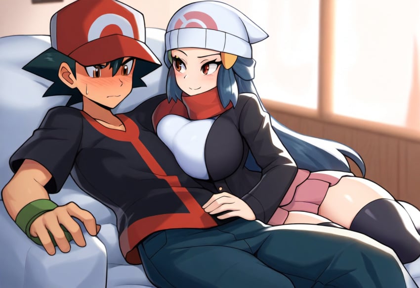 1boy 1girls ai_generated alternate_breast_size assertive_female big_breasts blush breast_press couch couple dawn_(pokemon) duo imminent_sex male/female mullon novelai pokemon pokemon_dppt satoshi_(pokemon) smile