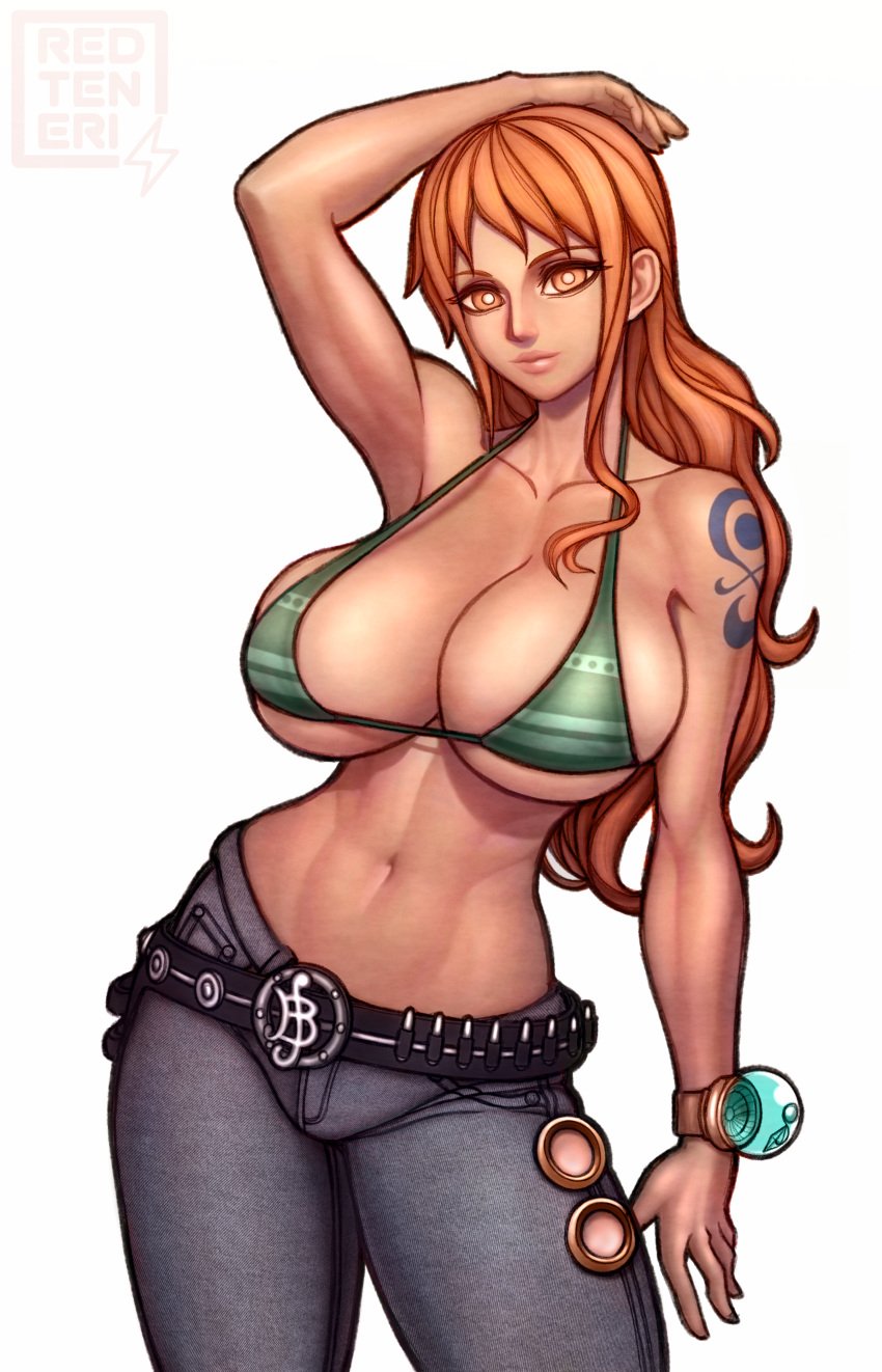 1girls belly_button belt big_breasts bikini_top bikini_top_only breasts brown_eyes busty cleavage curvy female female_only fit fit_female hourglass_figure huge_breasts human jeans large_breasts light-skinned_female log_pose long_hair midriff nami navel one_piece orange_hair pose post-timeskip redteneri shoulder_tattoo slim_waist solo standing tattoo thick_thighs toned toned_female white_background wide_hips