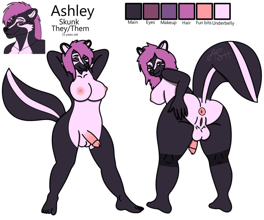 absurd_res anthro anus ash_the_skunk ashley(ash_the_skunk) ass balls big_breasts black_nose breasts fur futanari genitals grey_body hair hand_on_butt hands_behind_head herm hi_res humanoid intersex looking_at_viewer mammal markings mephitid model_sheet nipples no_pupils nude penis presenting presenting_anus presenting_breasts presenting_hindquarters presenting_penis presenting_pussy purple_hair pussy simple_background skunk solo spreading striped_markings striped_tail stripes tail tail_markings text white_body white_fur