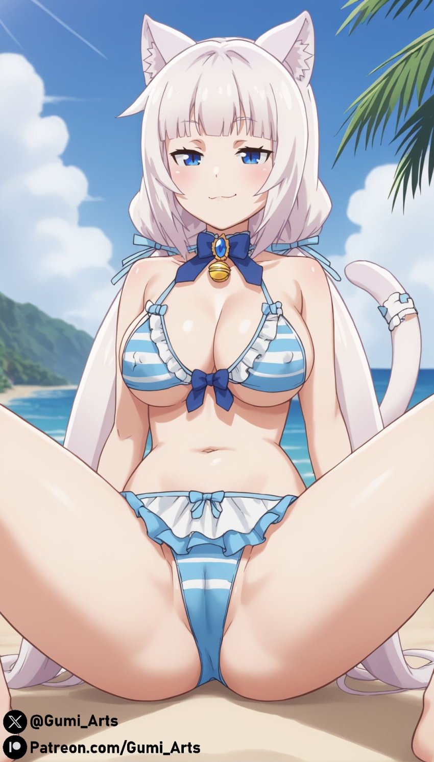 ai_generated animal_ear_fluff animal_ears animal_tail beach bikini blue_eyes blush cat_ears cat_tail catgirl cleavage collar covered_nipples covered_pussy frilled_bikini gumi_arts hair_ornament large_breasts long_hair looking_at_viewer naughty_face nekopara ocean outdoors sand sitting smug spread_legs stable_diffusion thick_thighs twintails vanilla_(nekopara) very_long_hair white_hair