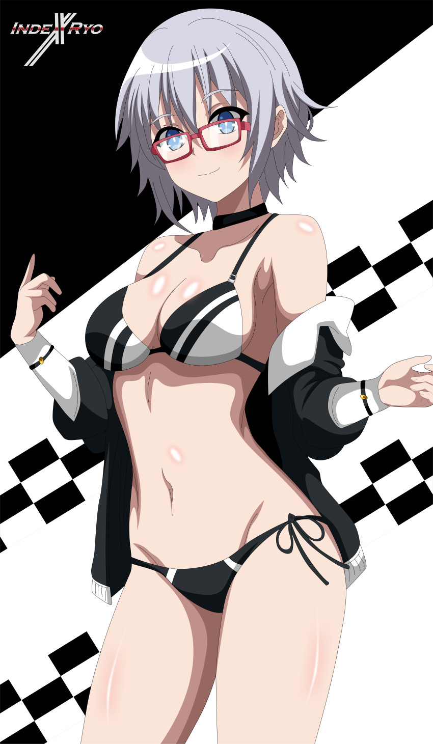 2d belly belly_button bikini blue_eyes breasts date_a_live glasses grey_hair honjou_nia indexryo light-skinned_female racing_suit short_hair solo solo_female thighs