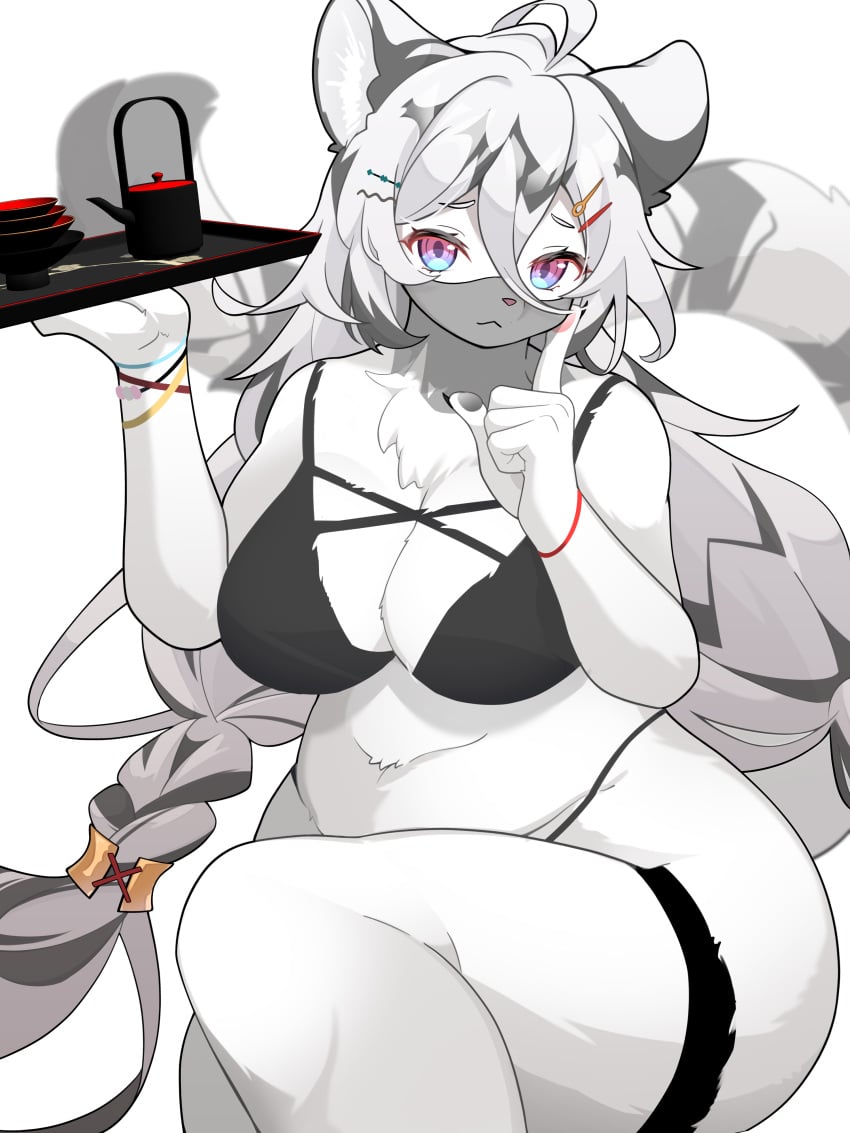 2023 3:4 5_fingers :< absurd_res accessory ahoge anthro belly_tuft beverage big_breasts biped black_bra black_claws black_clothing black_underwear bra bracelet braided_hair breasts chest_tuft claws cleavage clothed clothing colored curvy_figure digital_media_(artwork) dipstick_tail eyelashes felid female female_anthro finger_claws fingerpads fingers front_view fur glistening glistening_eyes grey_body grey_ears grey_fur grey_hair grey_pawpads grey_tail grey_tail_tip hair hair_accessory hairclip hannah_(mahjong_soul) hi_res holding_object holding_tray humanoid_hands jewelry kemono legband long_hair long_tail looking_at_viewer mahjong_soul mammal markings maru_mao_(artist) midriff multicolored_body multicolored_ears multicolored_fur multicolored_hair multicolored_tail navel navel_tuft pantherine pawpads pink_eyes pink_nose pink_pawpads portrait pupils purple_pupils serving_tray shaded simple_background sitting slightly_chubby solo tail tail_markings tea thick_thighs thighband thong_straps three-quarter_portrait tiger tuft twintails_(hairstyle) two_tone_body two_tone_ears two_tone_fur two_tone_hair two_tone_tail underwear underwear_only veil voluptuous white_background white_body white_ears white_fur white_hair white_inner_ear white_tail wide_hips