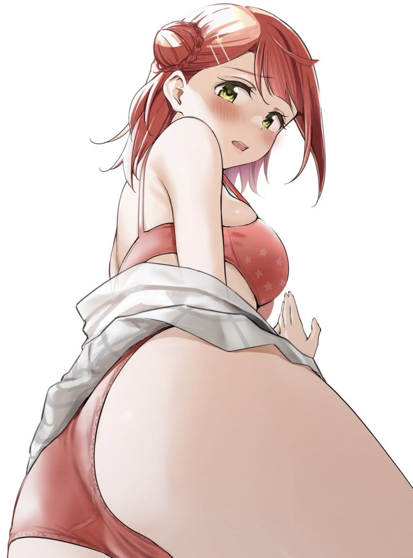 1girls ass bare_arms bare_ass bare_back bare_butt bare_shoulders bare_skin bare_thighs blush blush_lines blushing_female bra breasts dot_nose female female_focus female_only fingers green_eyes green_eyes_female groin high_resolution highres kitaku_(nakamachi_machi) light-skinned_female light_skin long_hair looking_at_viewer looking_back love_live! love_live!_nijigasaki_high_school_idol_club medium_breasts naked naked_female nude nude_female panties pussy red_bra red_hair red_hair_female red_panties red_underwear shoulders sideboob simple_background slender_body slender_waist slim_girl slim_waist solo standing thick_ass thick_thighs thighs thin_waist uehara_ayumu underboob underwear upper_body white_background