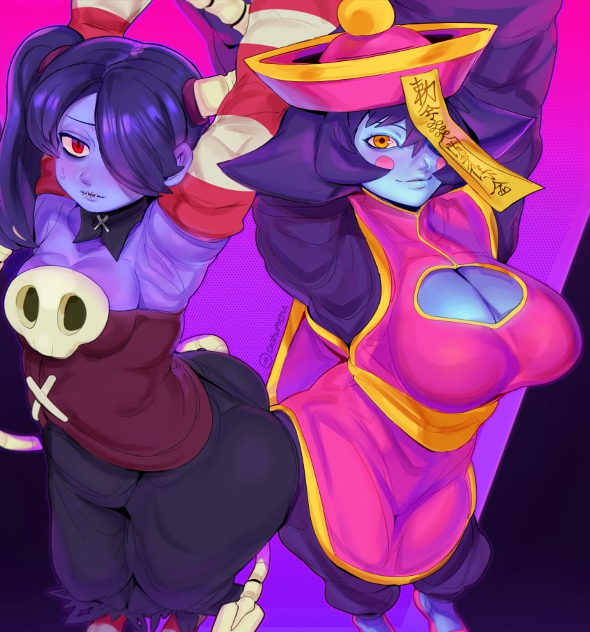 2girls armpits arms_up ass ass_to_ass big_ass big_breasts black_hair blue_skin boob_window breast_size_difference breasts bubble_butt cashumeru cleavage clothing crossover darkstalkers dat_ass eastern_and_western_character fat_ass female female_only hair_over_one_eye hsien_ko huge_ass jiangshi large_ass lei-lei lei_lei looking_at_viewer monster_girl pear-shaped_figure pear_shaped pear_shaped_female png red_eyes skullgirls small_breasts smile squigly thick_ass thick_thighs wide_hips yellow_eyes zombie zombie_girl