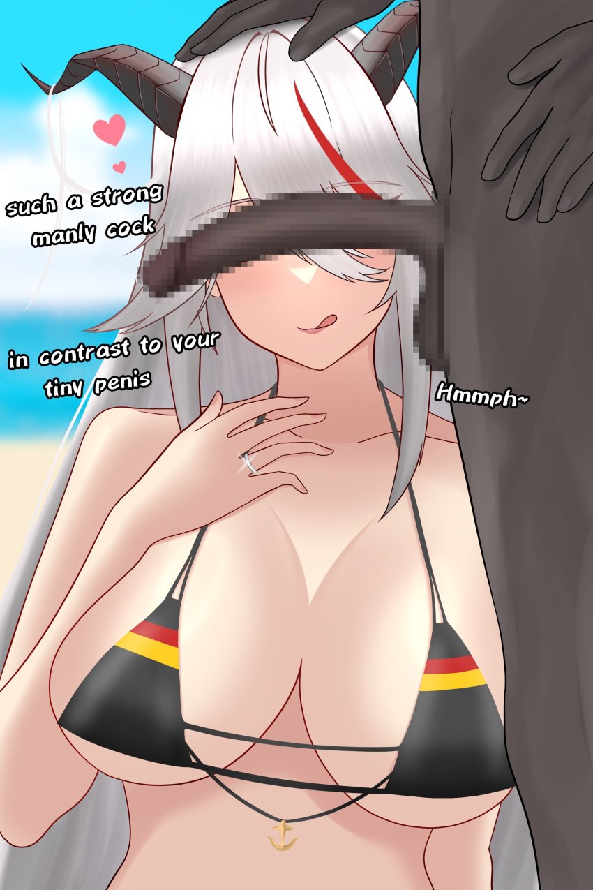 1boy 1girls aegir_(azur_lane) azur_lane big_penis big_penis_adoration bikini_top breasts cant_see_the_haters censored cheating cheating_(relationship) cheating_wife comparing_penis cuckold_pov cuckolding dark-skinned_male dark_skin english_text eyebrows_visible_through_hair heart horns huge_breasts iron_blood_(azur_lane) light-skinned_female light_skin looking_at_penis mosaic_censoring no_nut_november penis_awe penis_size_comparison prinz_eugen_(unfading_smile)_(azur_lane)_(cosplay) red_hair ring shiratsumi_(shiratsumi69) small_penis_humiliation swimsuit talking_to_cuckold talking_to_viewer text two_tone_hair wedding_ring white_hair