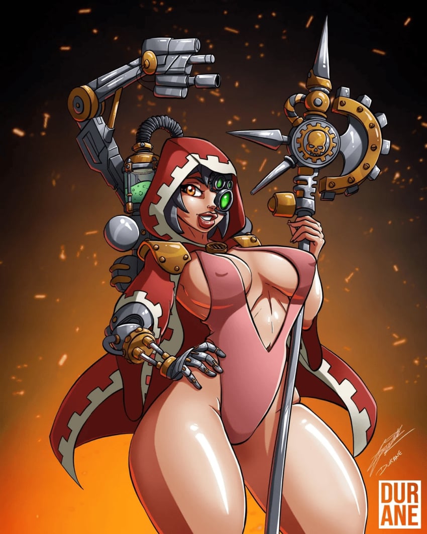 adeptus_mechanicus amber_eyes augmentation axe big_breasts black_hair brown_eyes cloak cybernetic_arm cybernetic_arms cybernetic_eye cybernetic_limb cybernetic_limbs cybernetics durane59 glowing_eyes green_eyes green_liquid gun hood inner_sideboob leotard mechadendrites robe robes short_hair sideboob staff tech_priest technology technophilia techpriest thick_thighs vial vials warhammer_(franchise) warhammer_40k wide_hips