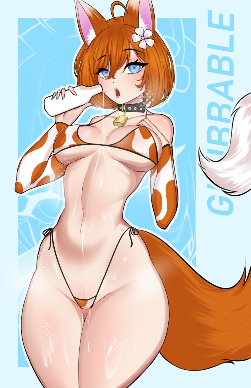 ahoge animal_ears bell_collar blue_eyes breasts cleavage collar cow_print cow_print_bikini cow_print_panties cow_print_thighhighs cowprint female female_only fox_ears fox_girl fox_tail fully_clothed glubbable indie_virtual_youtuber kemonomimi milk orange_hair revealing_clothes senhorita_nance skimpy_clothes thick_thighs virtual_youtuber vrchat