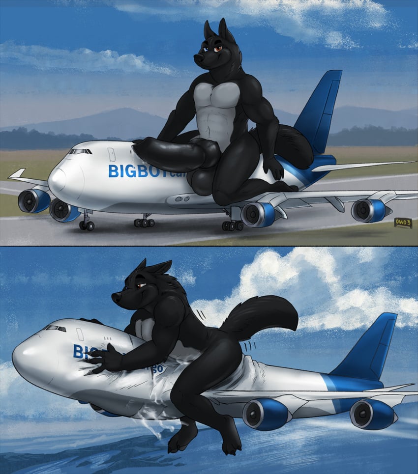 
aircraft airplane animal_genitalia anthro balls bigdarkfluff black_balls black_body black_fur black_penis blue_eyes brown_eyes canid canine canine_genitalia comic cum destruction fur furry genital_fluids genitals heterochromia male male_only mammal penis solo tail testicles vehicle vehicle_destruction wolf