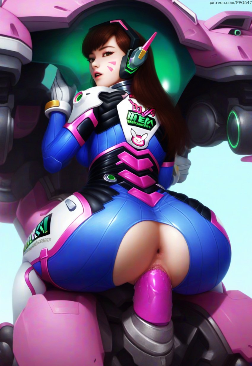 ai_generated anus bangs bodysuit brown_eyes brown_hair bubble_butt clothed_masturbation d.va dildo facial_tattoo headset huge_ass long_hair looking_at_viewer looking_back mecha meka nai_diffusion open_mouth overwatch overwatch_2 pujopg pussy_juice pussy_juice_drip riding_dildo sex_toy tattoo vaginal_masturbation vaginal_penetration whisker_markings