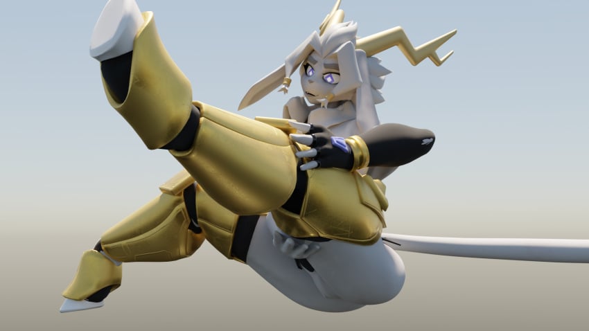 16:9 anthro antlers armor biped blue_eyes bovid caprine clothing female genitals goat hi_res hooves horn hybrid jackalope lagomorph leporid long_ears mammal pseudoregalia pussy rabbit solo sybil_(pseudoregalia) tail widescreen zengekii0