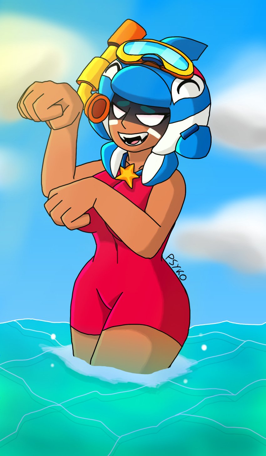 1girls 2024 aged_up alternate_body_type artist_name brawl_stars breasts clothed clothed_female clothing cloud clouds dark-skinned_female female female_focus female_only in_water large_breasts necklace nita_(brawl_stars) nya-pose nya_pose ocean psyko red_swimsuit smile smiling supercell swimsuit water whale_watch_nita_(brawl_stars) white_eyes wide_hips