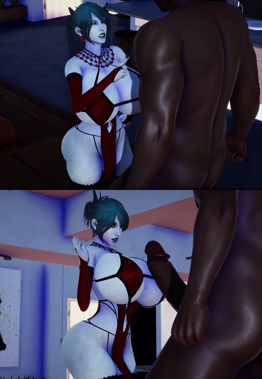 1boy 1boy1girl 1girls 2_panel_comic 3d absurdly_large_cock armwear bikini breasts_bigger_than_head bust busty cleavage cock_shock curvaceous curvy curvy_figure dark-skinned_male female female_focus goth goth_girl green_hair grey_skin hips honey_select hourglass_figure huge_breasts huge_cock humanoid idle_cog jewelry large_ass large_breasts large_penis leaning_forward legs lingerie lipstick male mysshe navel pale_skin penis pointing red_bikini revealing_clothes short_hair teal_hair thighhighs thighs thin_waist top_heavy voluptuous waist wide_hips yellow_eyes