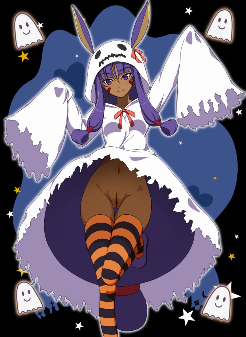 animal_ears blush bunny_ears dark-skinned_female dark_skin denkaisui facial_mark fate/grand_order fate_(series) female halloween innie_pussy long_hair looking_at_viewer navel nitocris_(fate/grand_order) purple_eyes purple_hair pussy sidelocks smile solo standing tagme uncensored upskirt