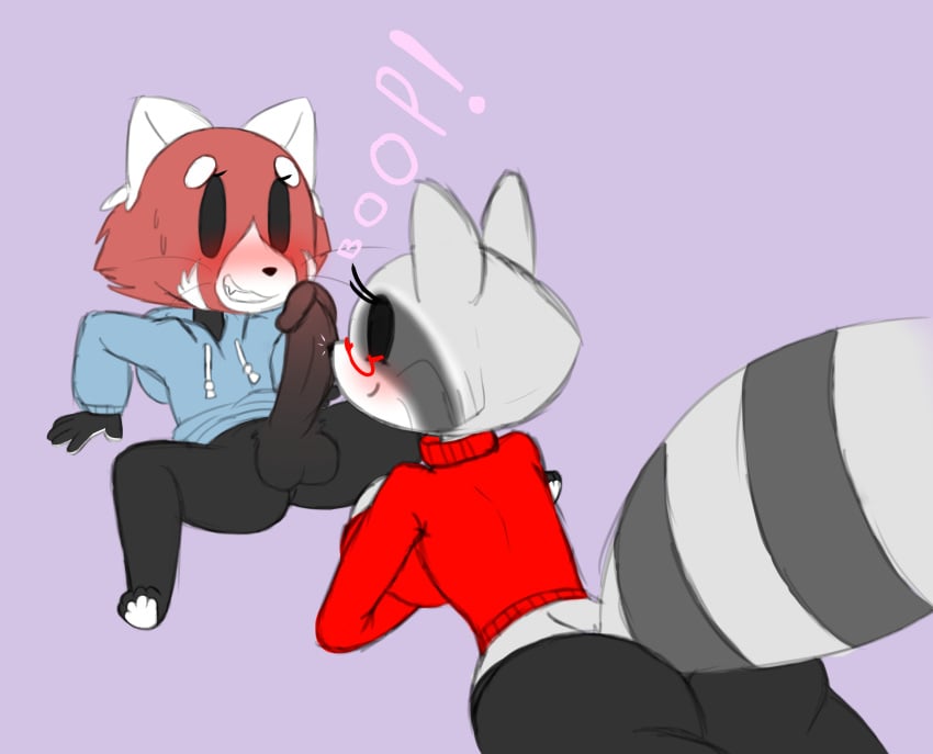 anthro ass balls big_breasts big_butt bit-small bit_(character) blush bottomless breasts clothed clothing eyewear female gina glasses hoodie huge_breasts huge_butt leggings legwear male mammal penis procyonid raccoon red_panda size_difference sweater