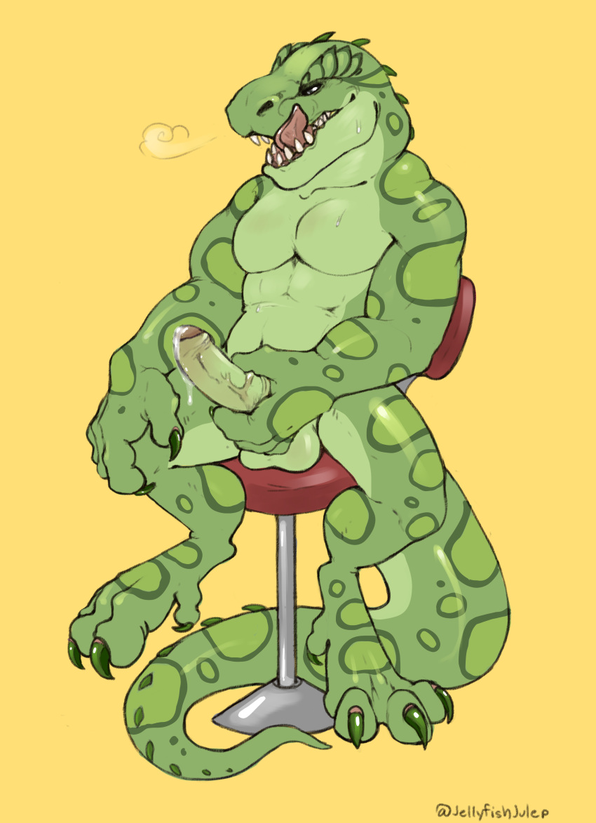 2017 anthro balls biceps claws digital_media_(artwork) dinosaur erection hi_res jellyfishjulep male male_only muscular muscular_male nude open_mouth pecs penis reptile scalie simple_background sitting smile solo teeth theropod tongue tongue_out tyrannosaurus_rex