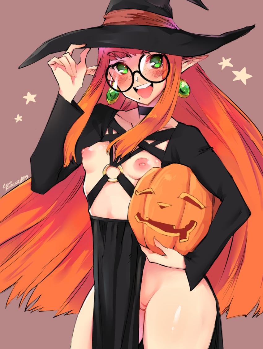 areolae breasts elf female female_only freckles glasses green_eyes kenshin187 kiara_(kenshin187) looking_at_viewer nipples pumpkin pussy pussy_peek round_glasses slq small_breasts solo witch_hat